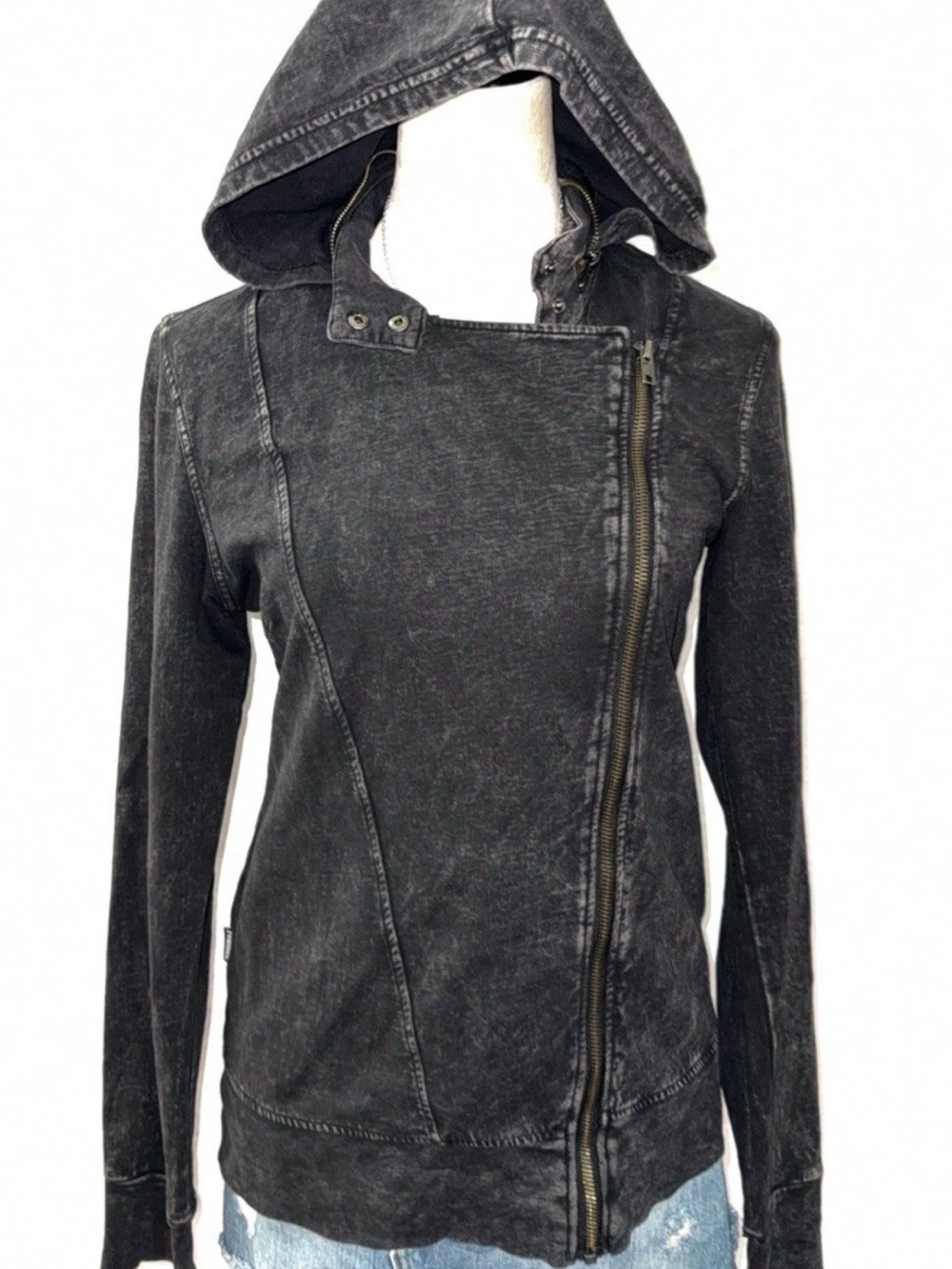 Affliction Black Washed Hooded Asymmetrical Zip Jean Jacket